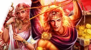 Изображение мифологических фигур, рекламирующих турнир Blitz Spinomenal в Banda на фоне яркого света и сокровищ.